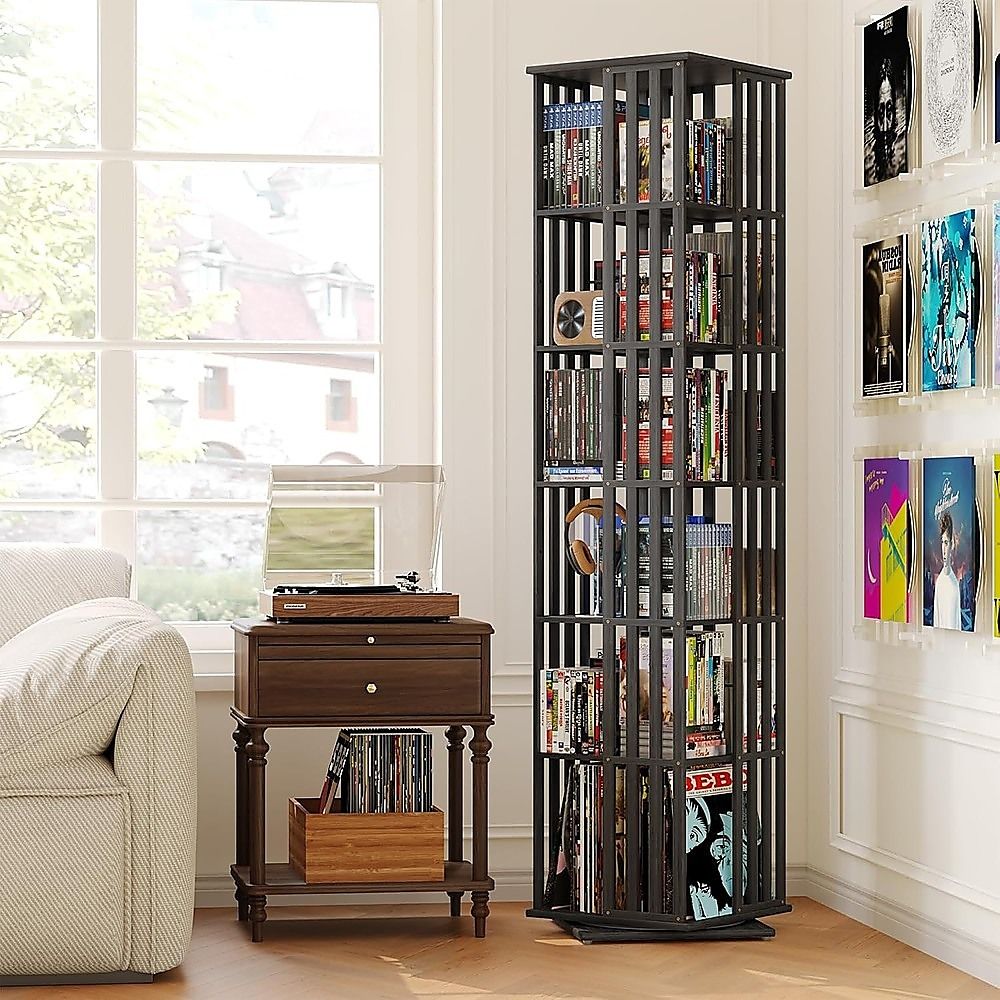 360 Rotating Bamboo Bookshelf Black Storage Display Rack with 6 Shelves