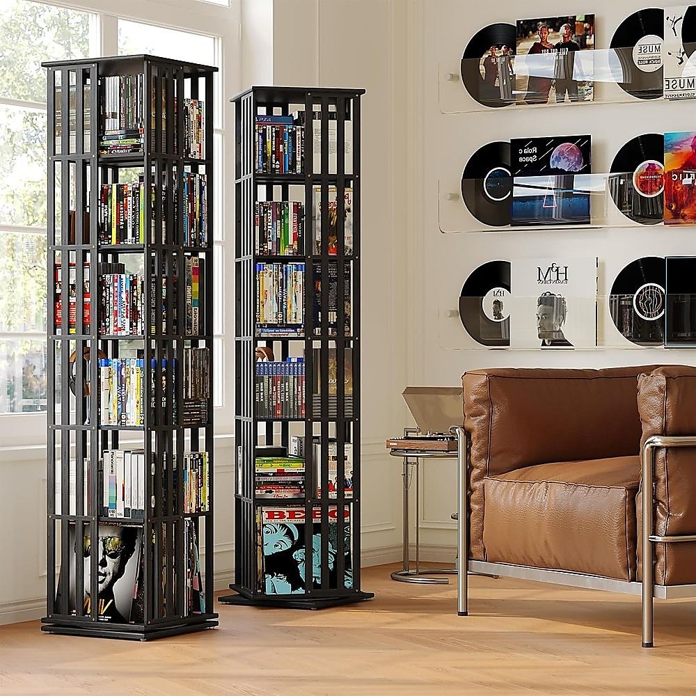 360 Rotating Bamboo Bookshelf Black Storage Display Rack with 6 Shelves