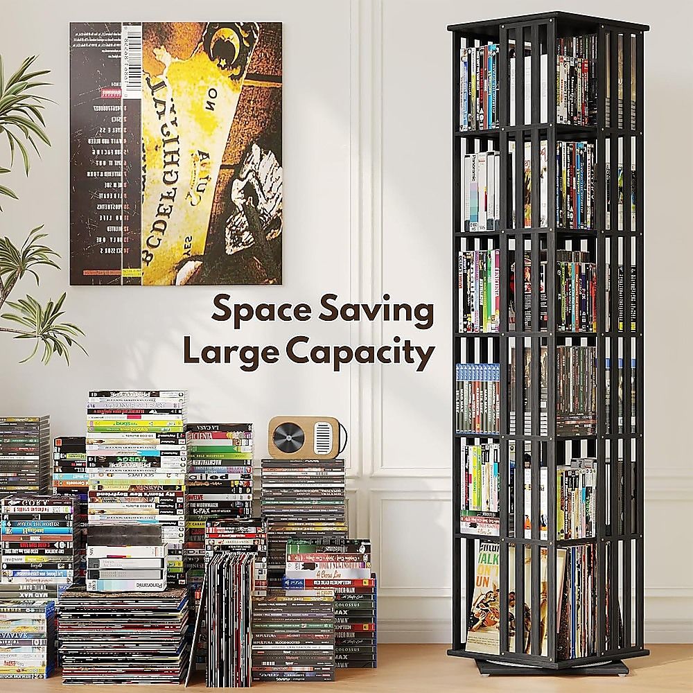 360 Rotating Bamboo Bookshelf Black Storage Display Rack with 6 Shelves