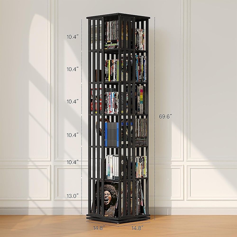 360 Rotating Bamboo Bookshelf Black Storage Display Rack with 6 Shelves