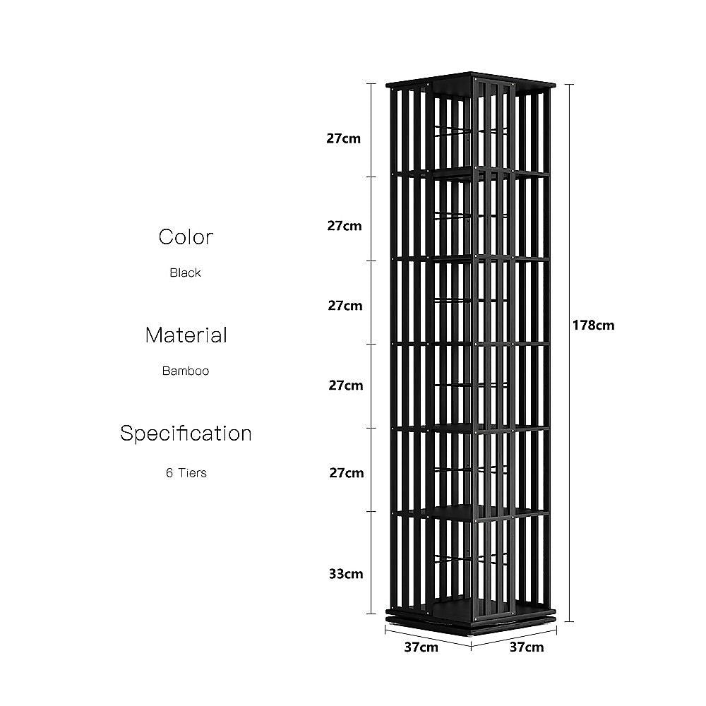 360 Rotating Bamboo Bookshelf Black Storage Display Rack with 6 Shelves