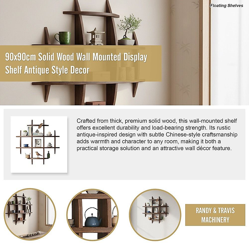 90x90cm Solid Wood Wall Mounted Display Shelf Antique Style Decor