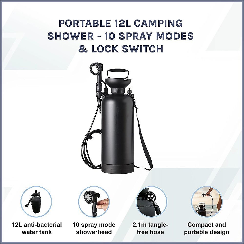 Portable 12L Camping Shower with 10 Spray Modes and Lock Switch, Black