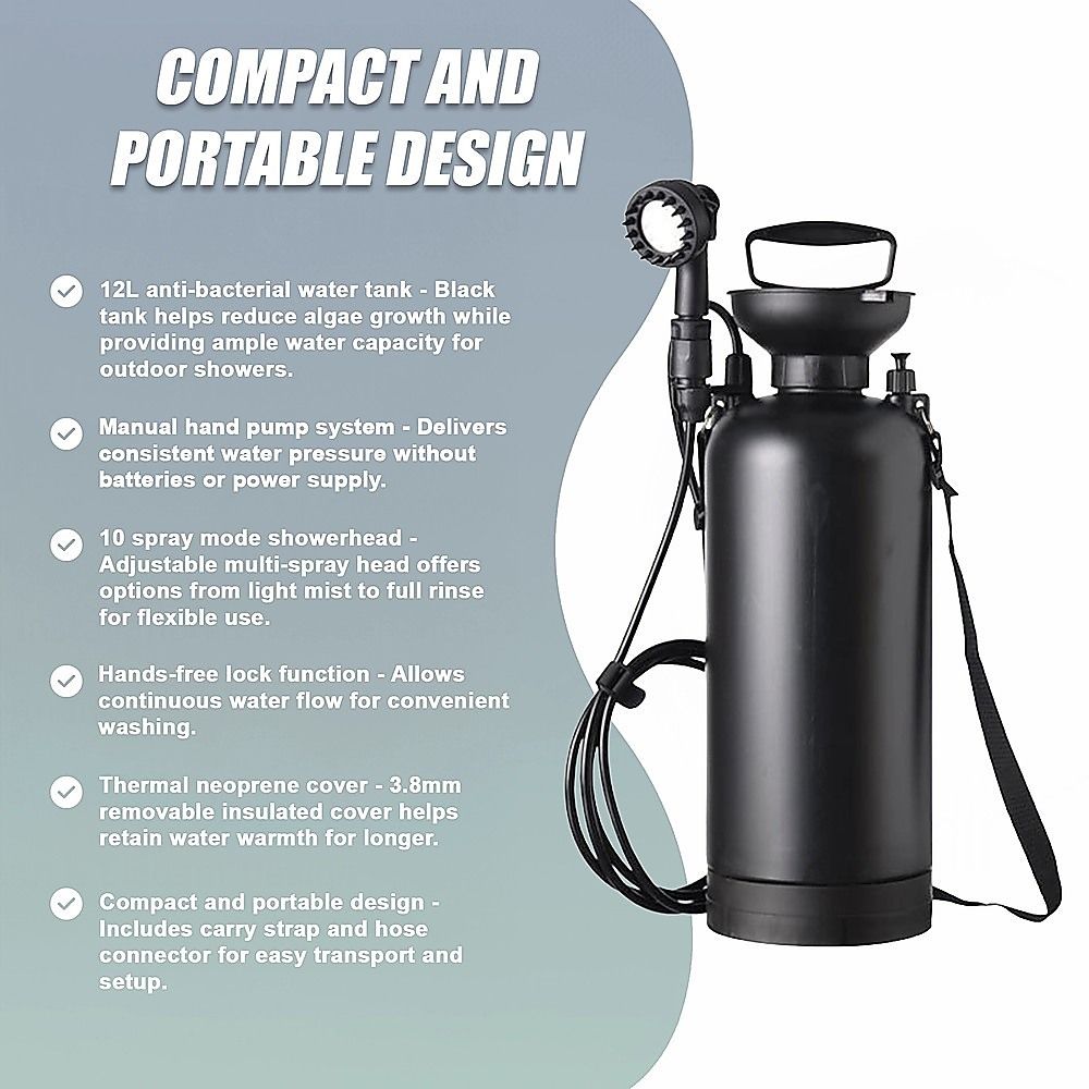 Portable 12L Camping Shower with 10 Spray Modes and Lock Switch, Black