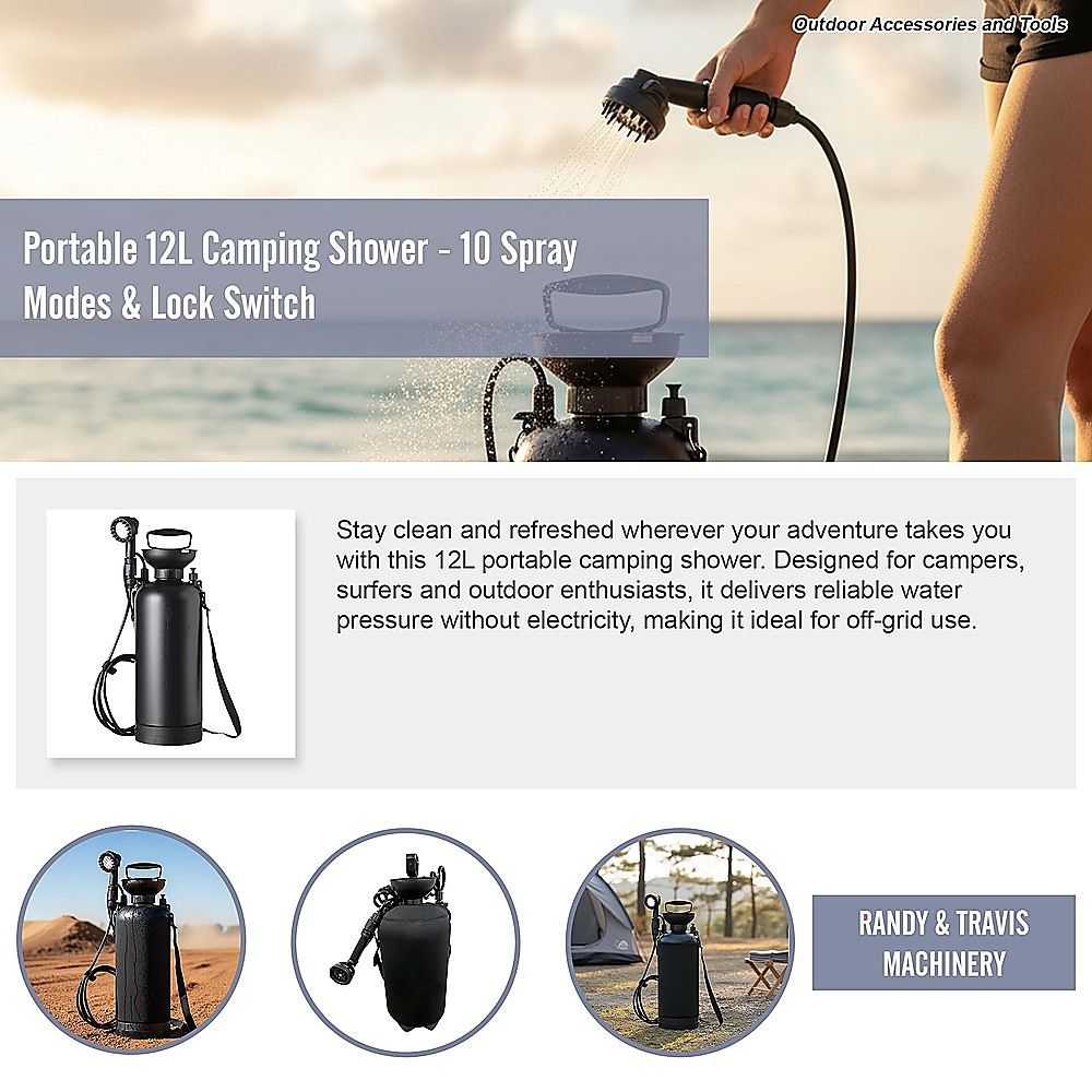 Portable 12L Camping Shower with 10 Spray Modes and Lock Switch, Black