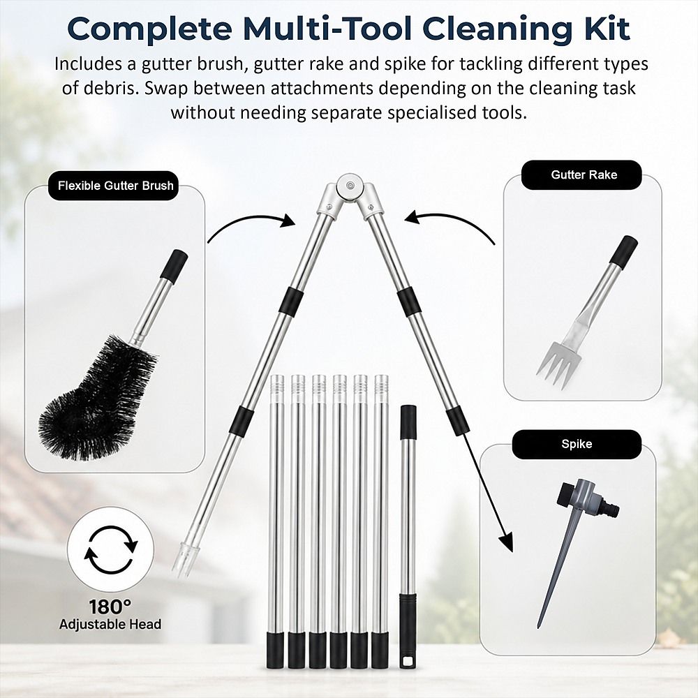 4M Telescopic Gutter Cleaning Tool Kit with Adjustable Pole, Gutter Brush & Gutter Rake