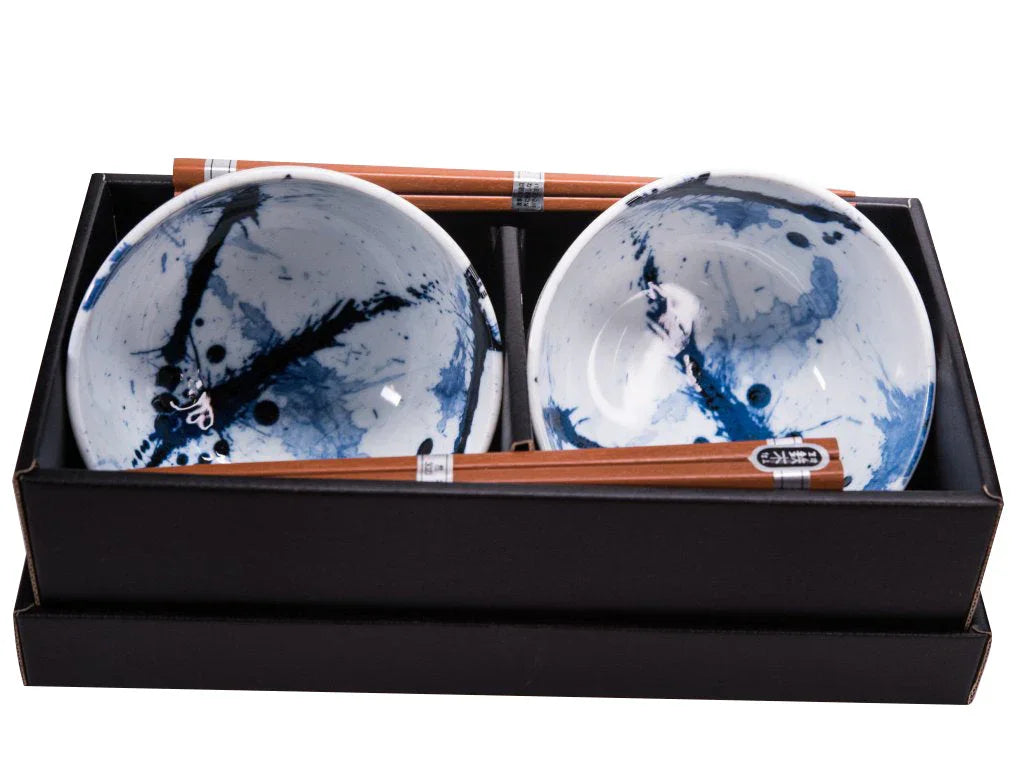 Bowl Set 2pcs with Chopsticks Blue White Splash Design