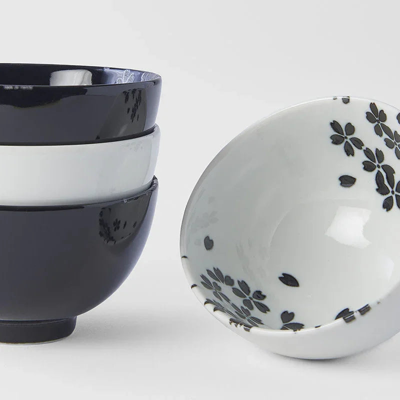 Bowl Set 4pcs Black White Sakura Design