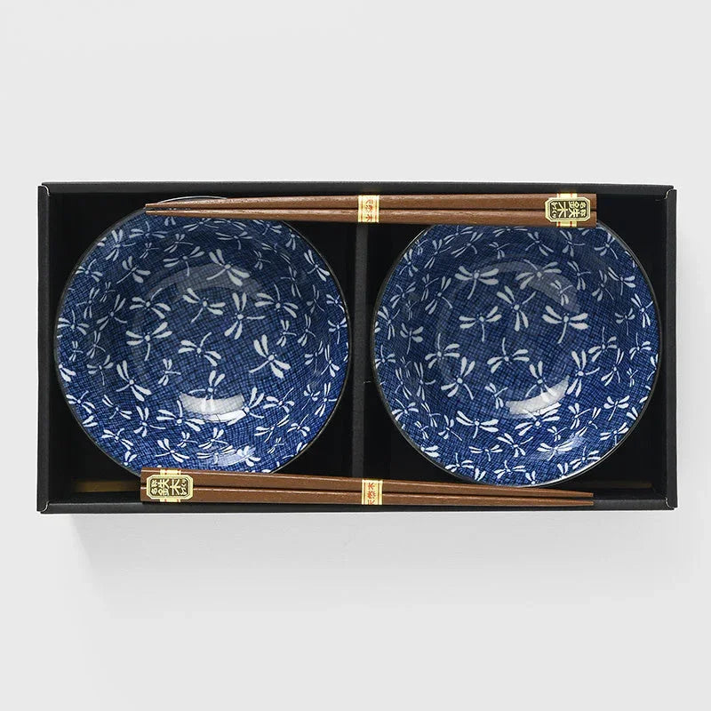 Bowl Set 2pcs with Chopsticks Indigo Dragonfly Design