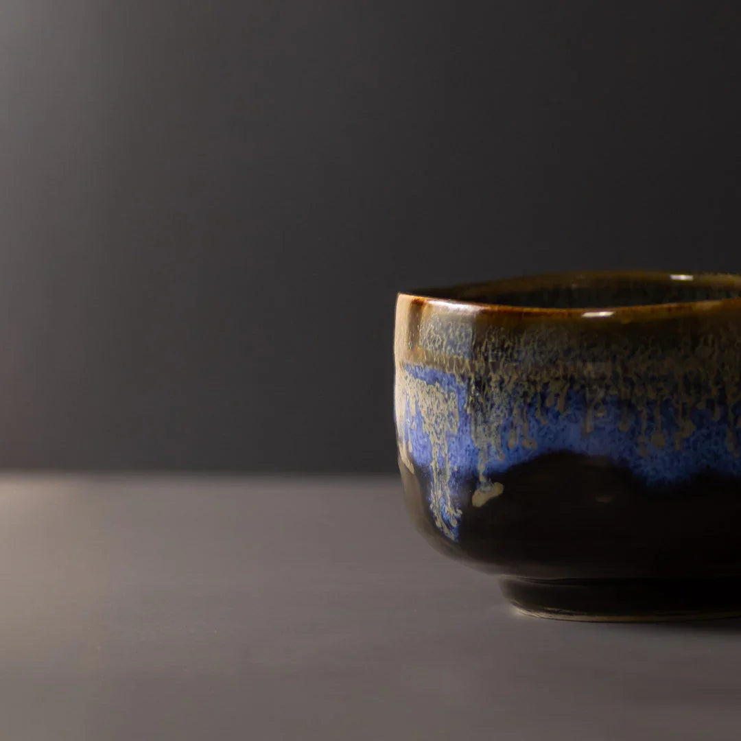 Matcha Tea Bowl 11.5cm Blue Drip on Black