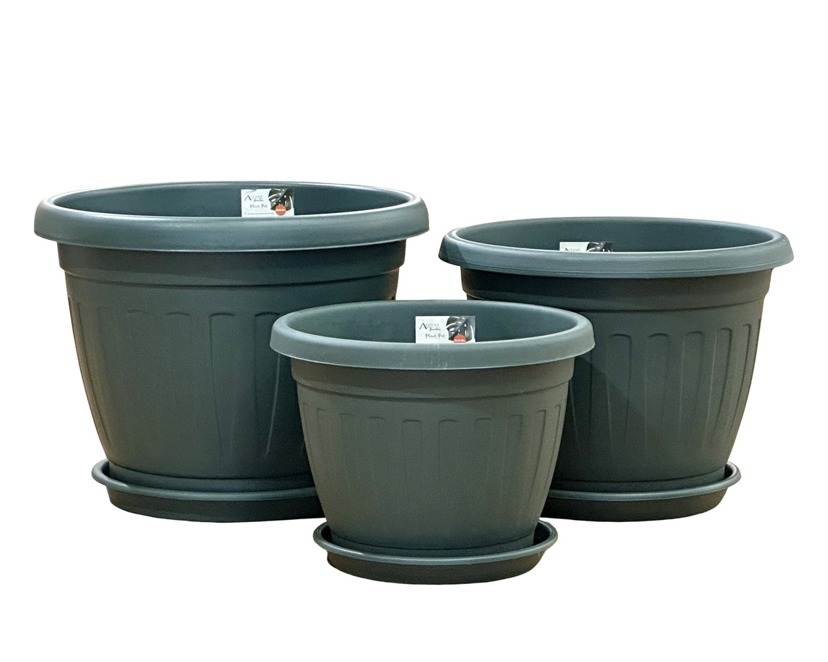 15-Pack Medium Garden Plastic Pots with Saucers, Green, 28x22cm, 8kg Set
