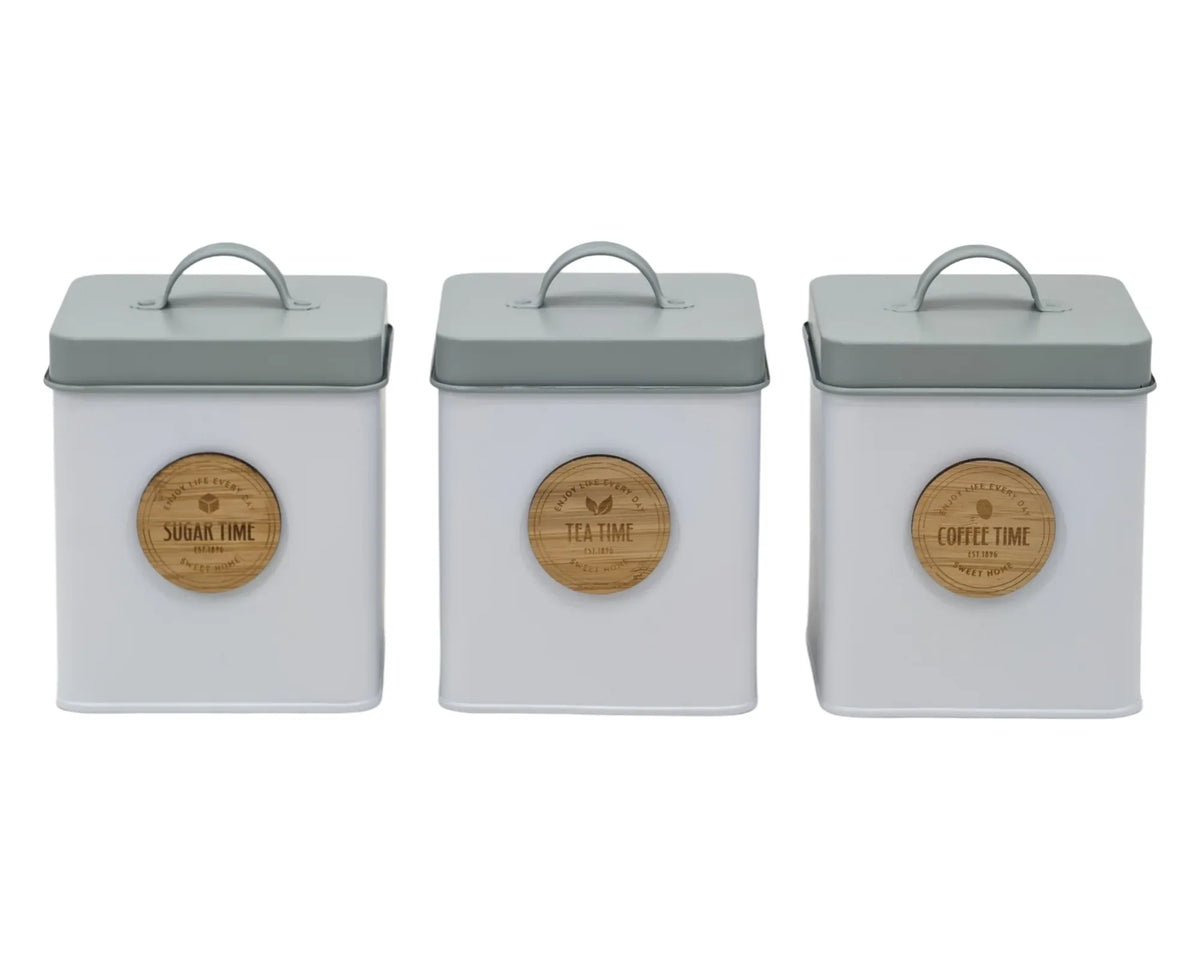 Set of 3 Metal Kitchen Storage Tin Sugar Tea Coffee, 18cm, Multi Colour
