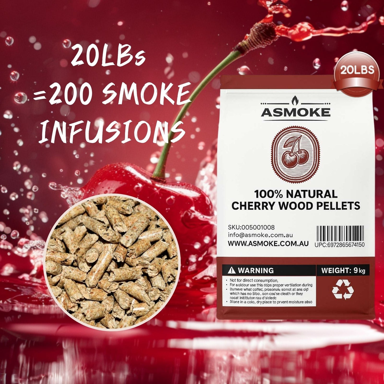 100% Natural Cherry Wood BBQ Smoker Pellets (9kg / 20lbs)