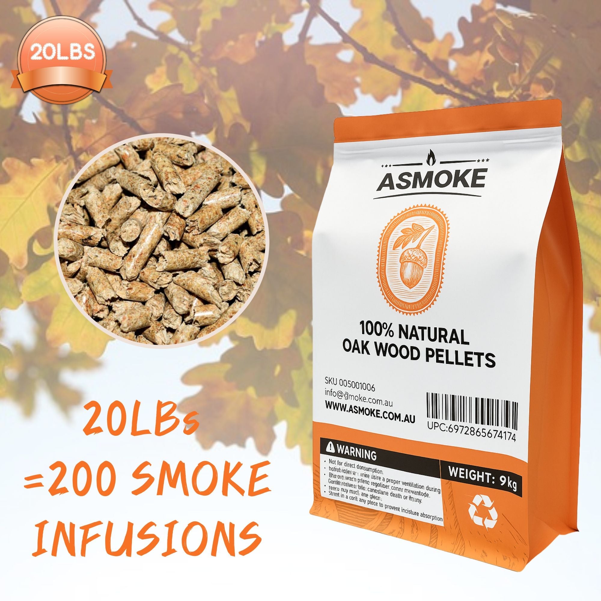 100% Natural Premium Oak Wood BBQ Pellets for Smoker & Grill (9kg / 20lbs)