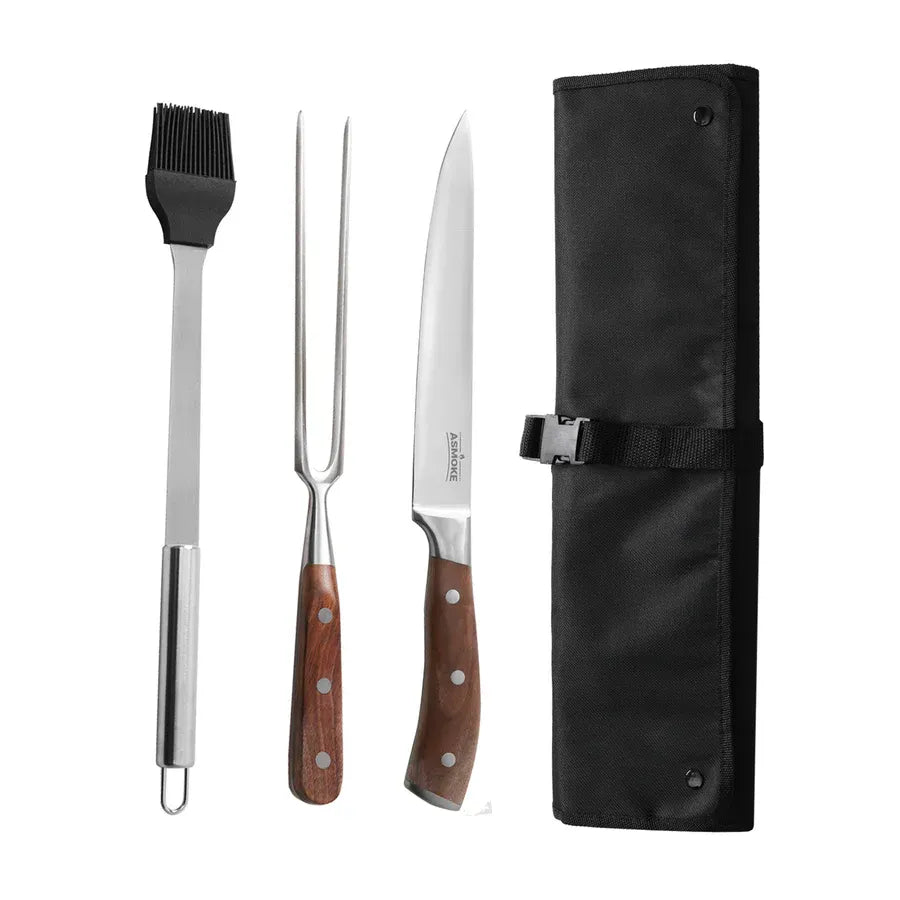ASMOKE BBQ Carving Knife, Fork & Brush Set, German Steel, Walnut Handles, Gift