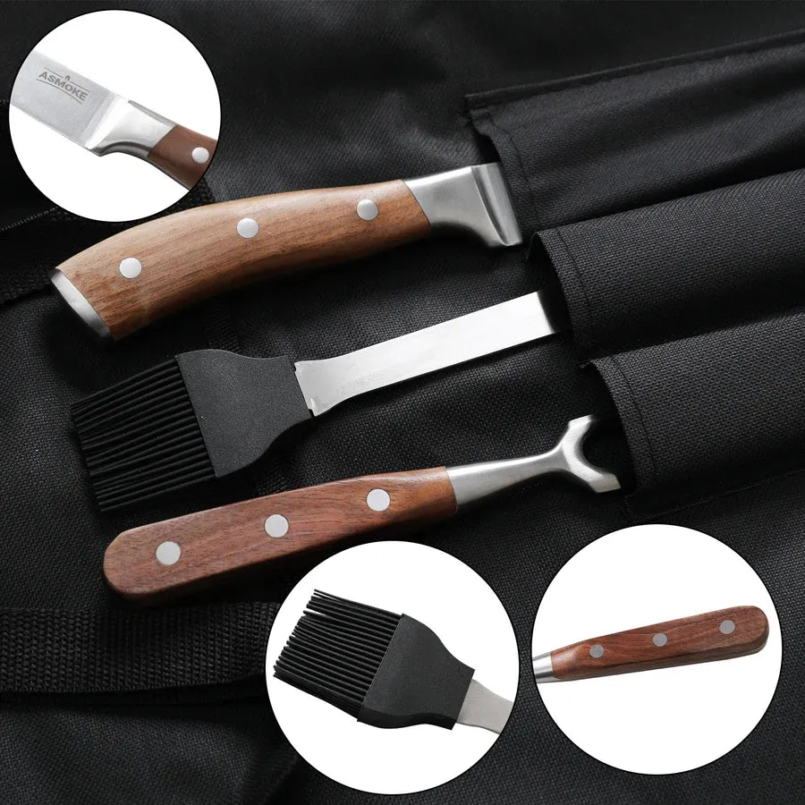 ASMOKE BBQ Carving Knife, Fork & Brush Set, German Steel, Walnut Handles, Gift