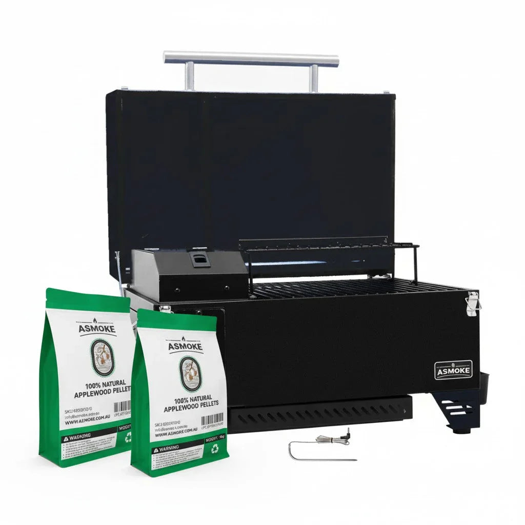 AS350 Portable Smart Wood Pellet Grill (Cyder Black) + 2 x 20LB Assorted Flavors Wood Pellets Bundle (Oak/Cherry/Apple)