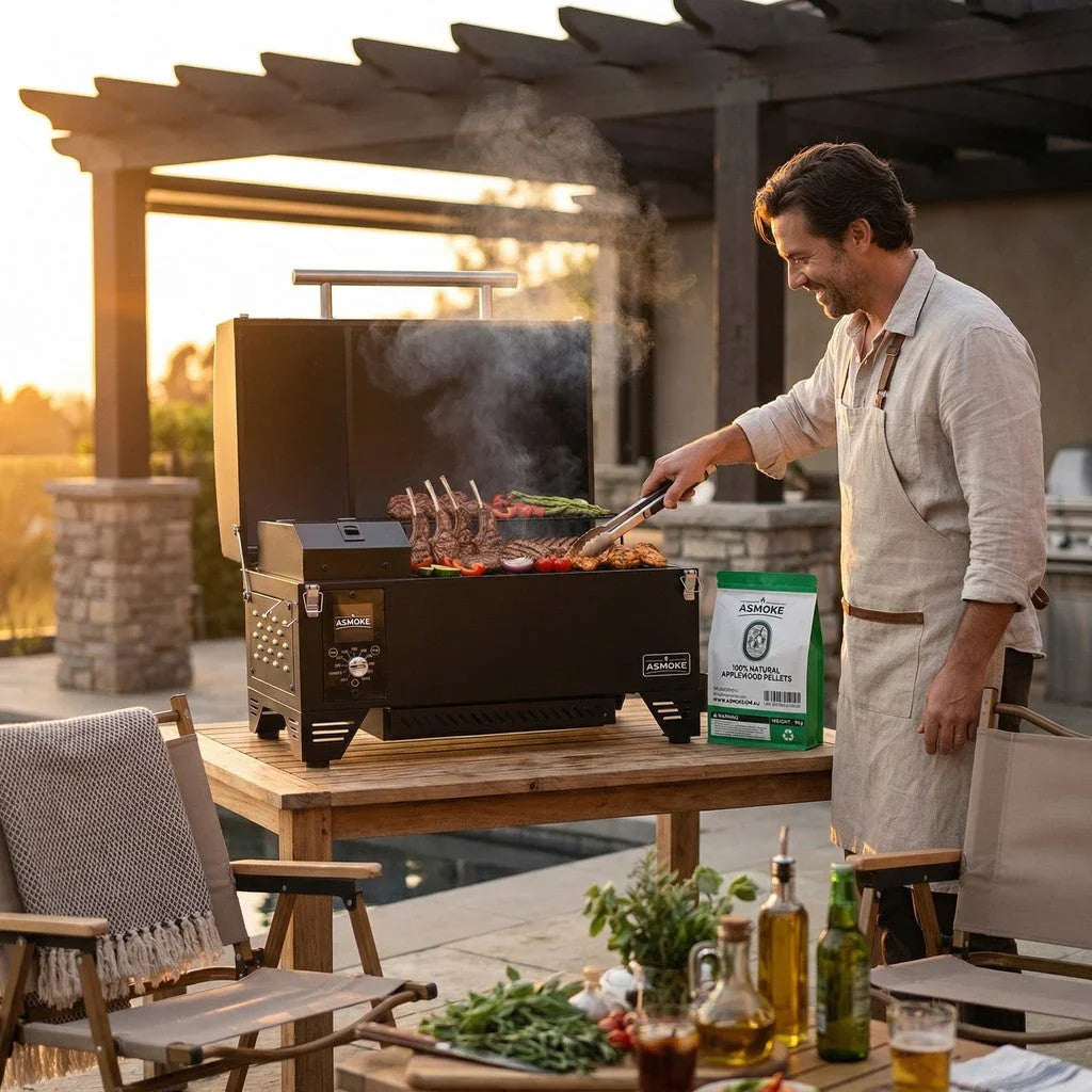 AS350 Portable Smart Wood Pellet Grill (Cyder Black) + 2 x 20LB Assorted Flavors Wood Pellets Bundle (Oak/Cherry/Apple)