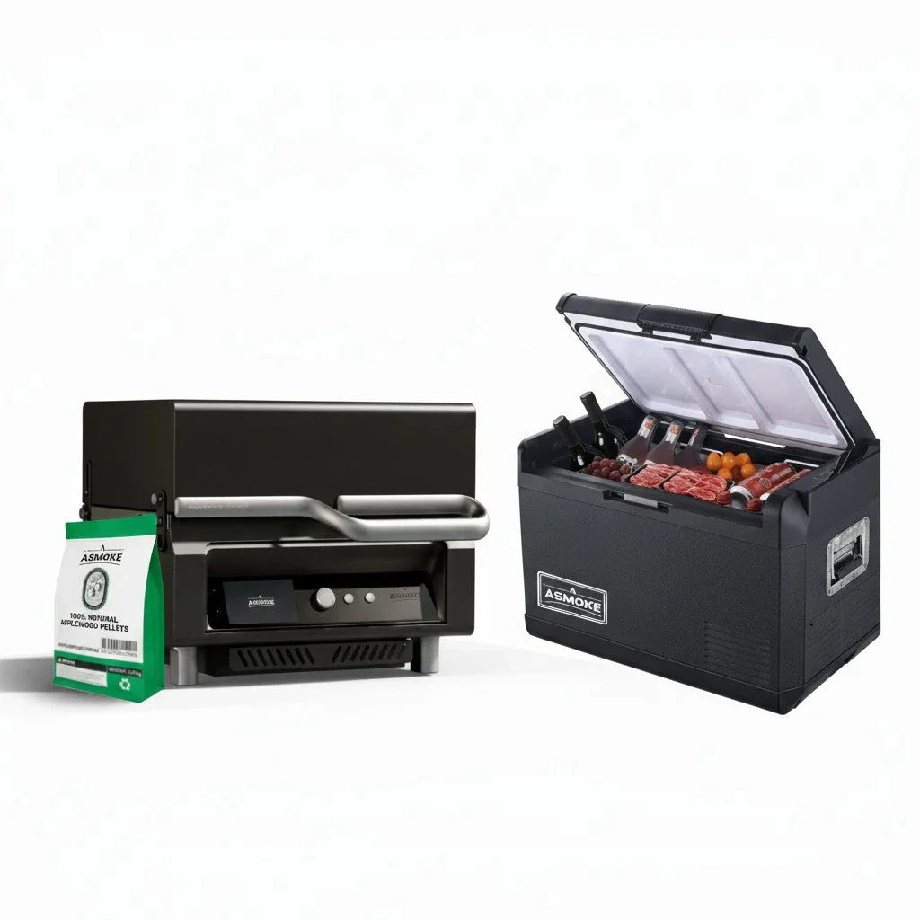 Essential Portable Wood Pellet Grill & 47L Mini Fridge Bundle + 5lb Apple Wood Pellets