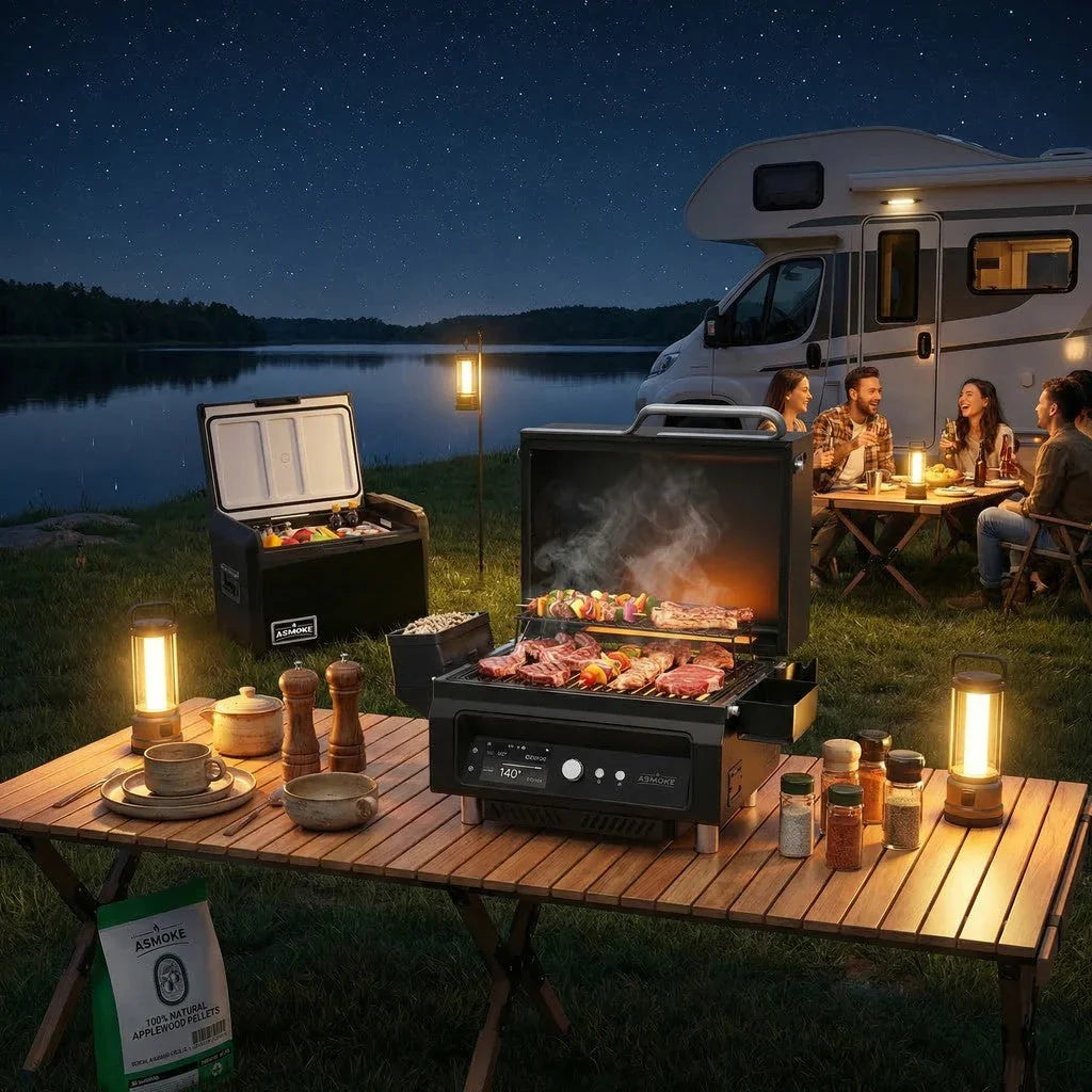 Essential Portable Wood Pellet Grill & 47L Mini Fridge Bundle + 5lb Apple Wood Pellets