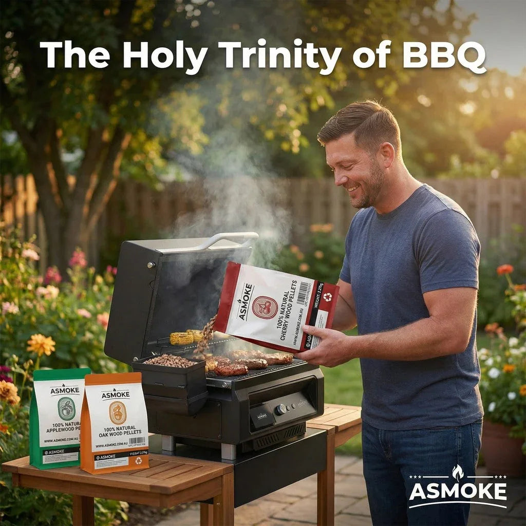 Essential Portable Smart Pellet Grill & Smoker + Assorted Flavors 20LBs (9kg) Premium Wood Pellets (Oak/Cherry/Apple)