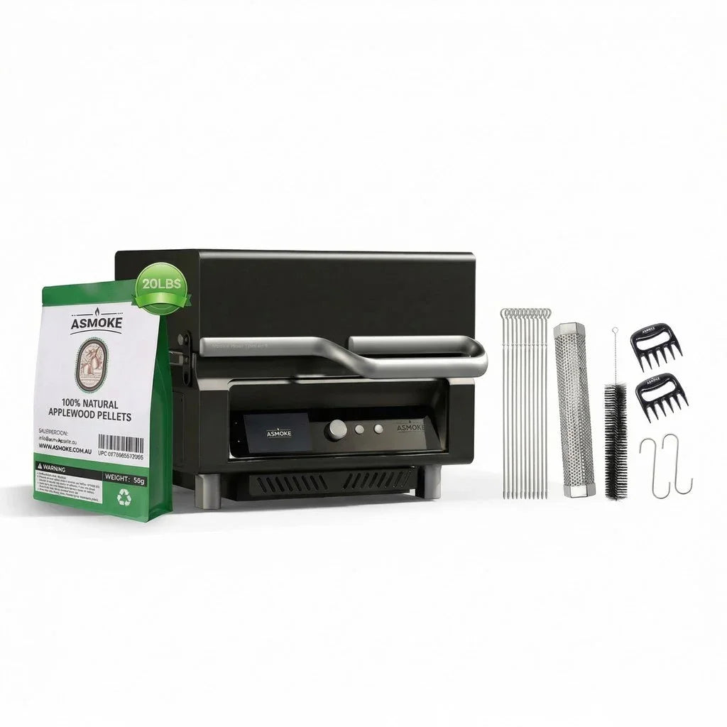 Essential Smart Portable Wood Pellet Grill & Pitmaster Accessory Bundle - Includes 10x Skewers, Heavy-Duty Meat Claws, Smoke Tube & 20lb Applewood Pellets