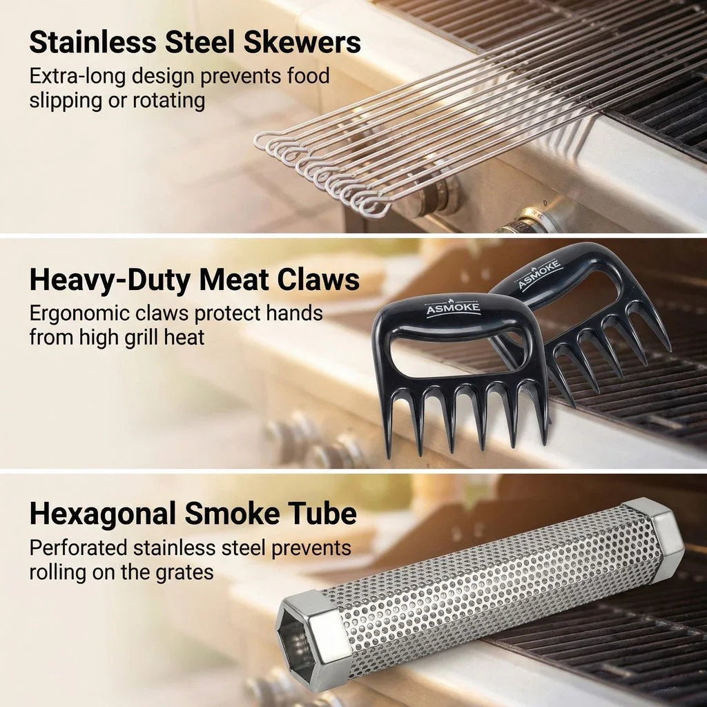 Essential Smart Portable Wood Pellet Grill & Pitmaster Accessory Bundle - Includes 10x Skewers, Heavy-Duty Meat Claws, Smoke Tube & 20lb Applewood Pellets