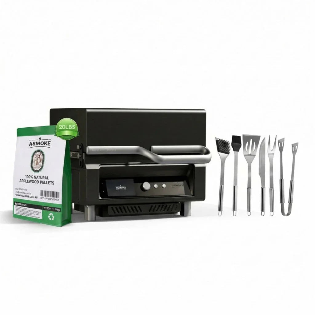 Essential Portable Smart Wood Pellet Grill Smoker & 6pc BBQ Tool Set + 20lb Applewood Pellets Bundle
