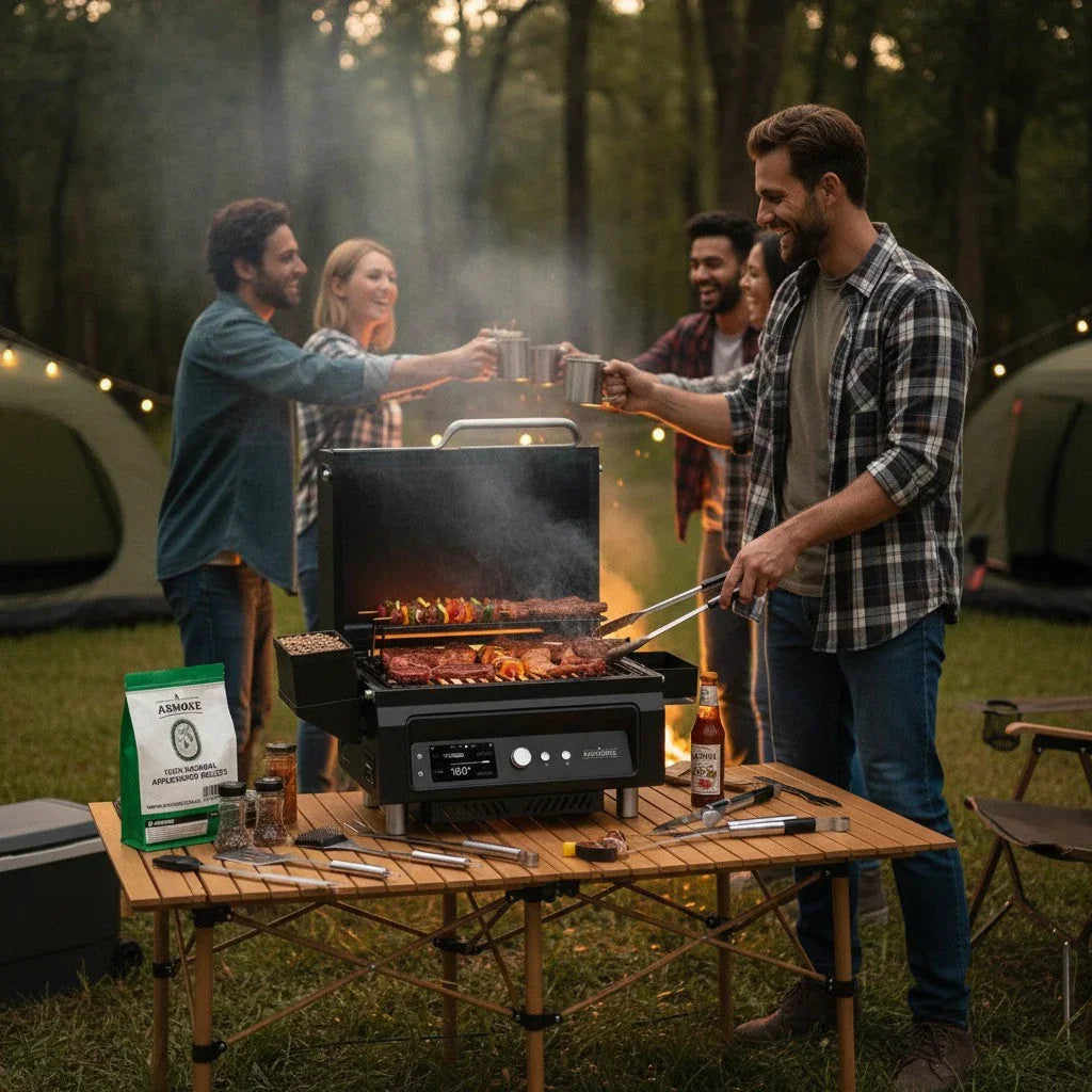 Essential Portable Smart Wood Pellet Grill Smoker & 6pc BBQ Tool Set + 5lb Applewood Pellets Bundle