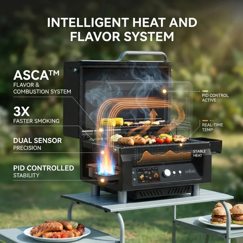 Essential Portable Wireless Pellet Smoker - Battery Powered 8-in-1 Mini BBQ Grill with Smart Temp Control & Meat Probe for Camping & RV