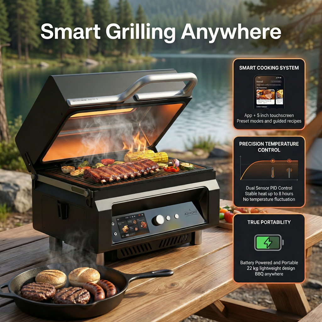 Essential Portable Wireless Pellet Smoker - Battery Powered 8-in-1 Mini BBQ Grill with Smart Temp Control & Meat Probe for Camping & RV
