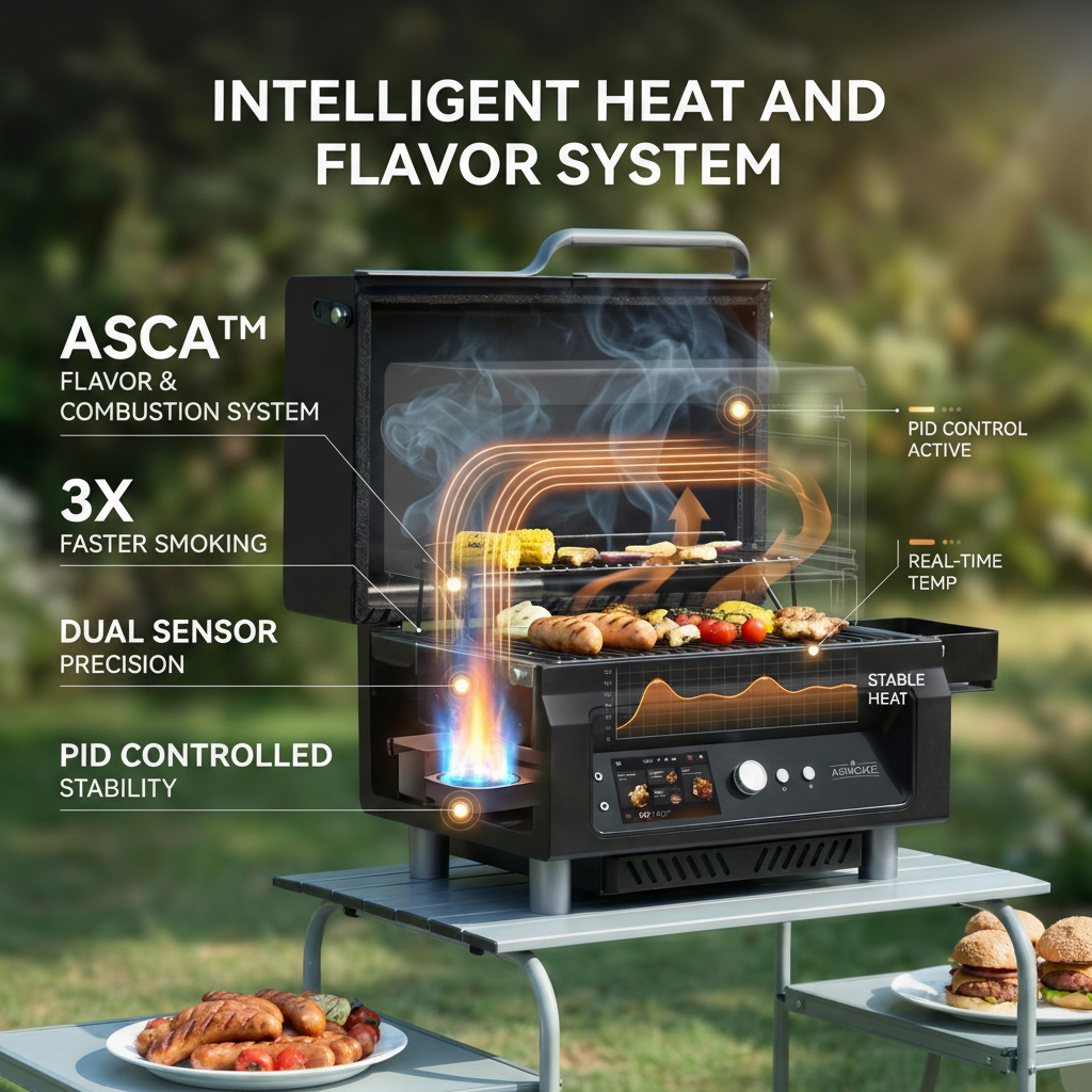 Essential Portable Wireless Pellet Smoker - Battery Powered 8-in-1 Mini BBQ Grill with Smart Temp Control & Meat Probe for Camping & RV