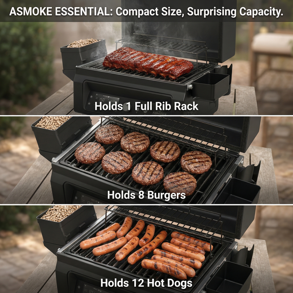 Essential Portable Wireless Pellet Smoker - Battery Powered 8-in-1 Mini BBQ Grill with Smart Temp Control & Meat Probe for Camping & RV