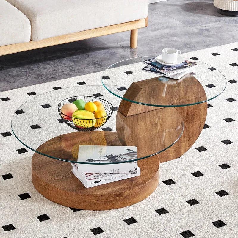 Round Glass Coffee Table – Double‑Layer Design with MDF Wood Legs, Modern