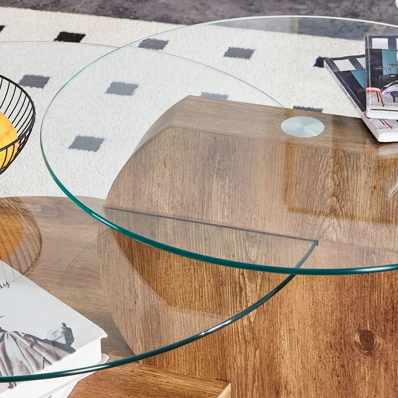 Round Glass Coffee Table – Double‑Layer Design with MDF Wood Legs, Modern