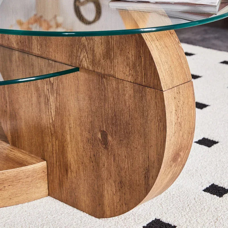 Round Glass Coffee Table – Double‑Layer Design with MDF Wood Legs, Modern