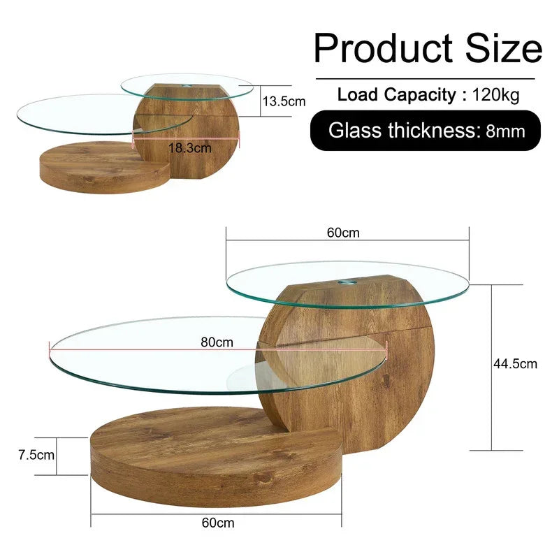 Round Glass Coffee Table – Double‑Layer Design with MDF Wood Legs, Modern
