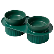 24x Ribbed Ceramic Double Pet Bowl 3pc Set - Emerald