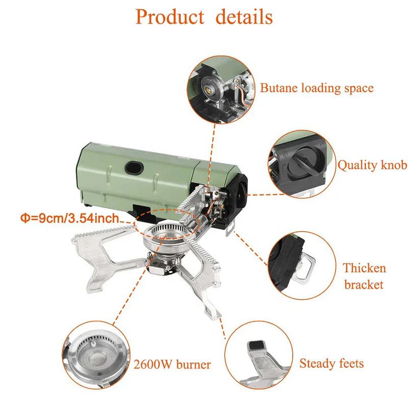 2600W Portable Folding Gas Camping Stove, Green, Stainless Steel, 15kg