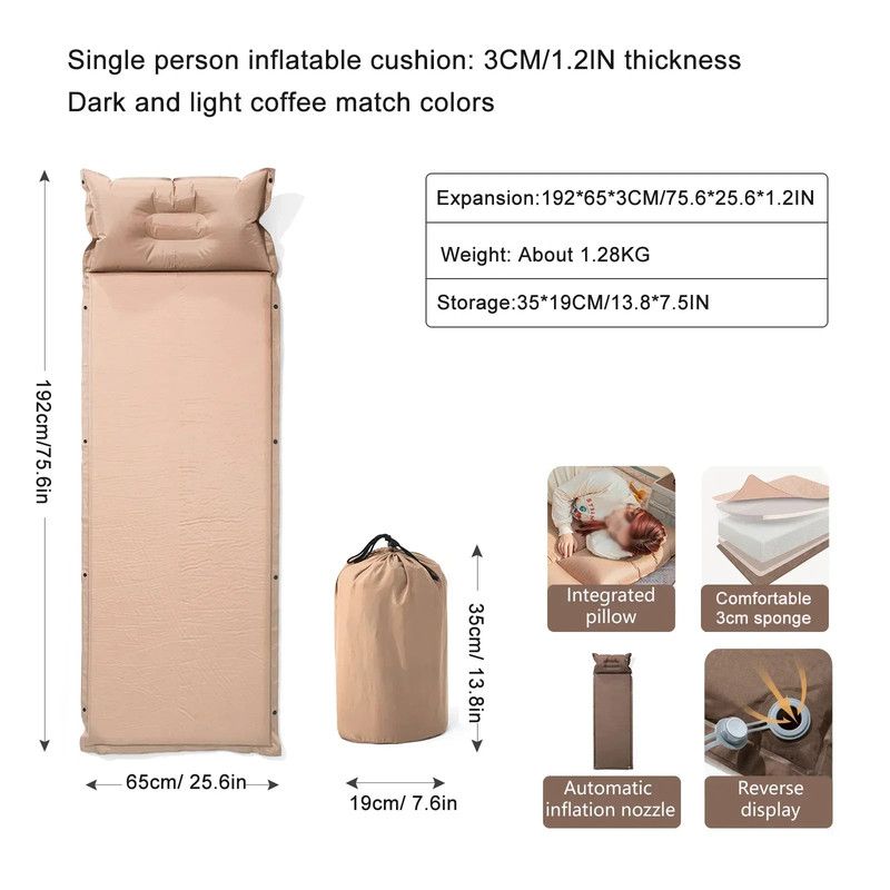 Inflatable Camping Sleeping Mat with Pillow, 3cm Thick, Auto-Inflate Set