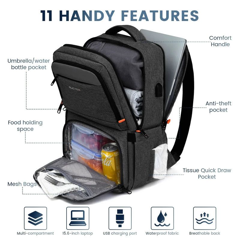 Waterproof Insulated Cooler Backpack in Black, Laptop Compartment, 15.6in