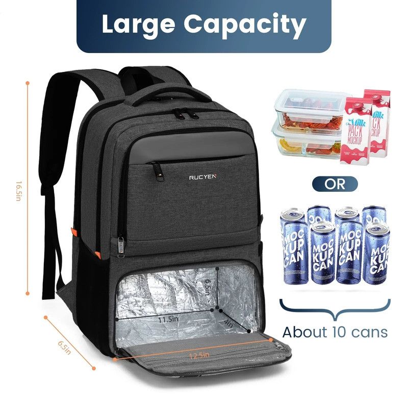 Waterproof Insulated Cooler Backpack in Black, Laptop Compartment, 15.6in