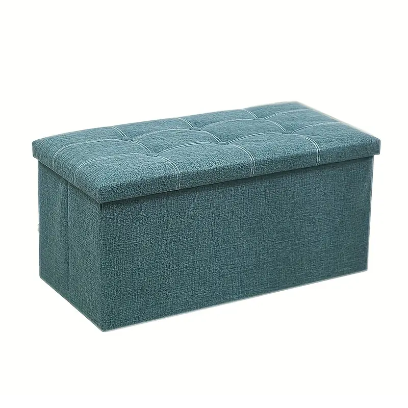 Linen Foldable Storage Stool Chair Box in Dark Green, Flip Top Design Set