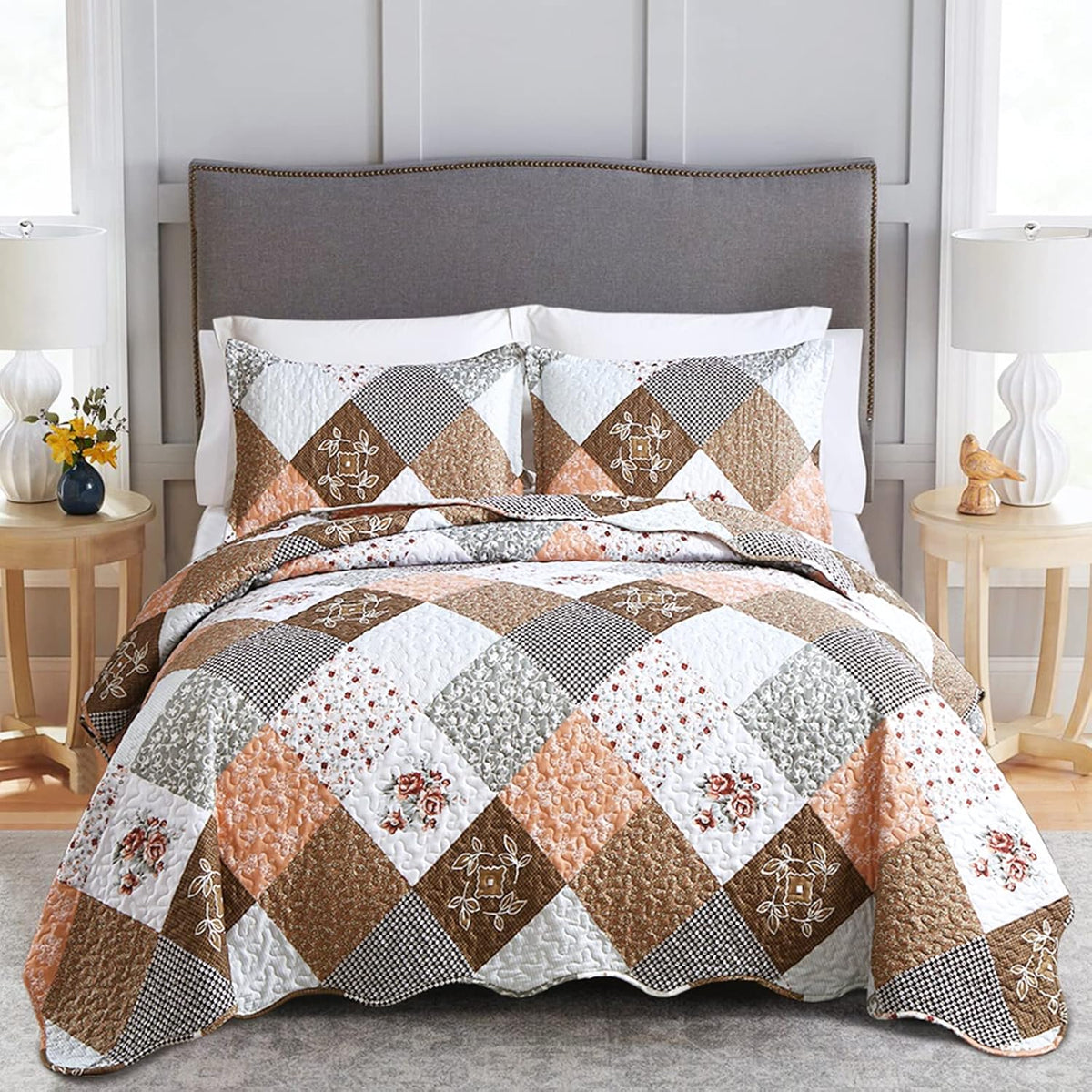 Queen Quilted Bedspread Set 3-Piece Rust Brown Patchwork Coverlet & Pillowcases