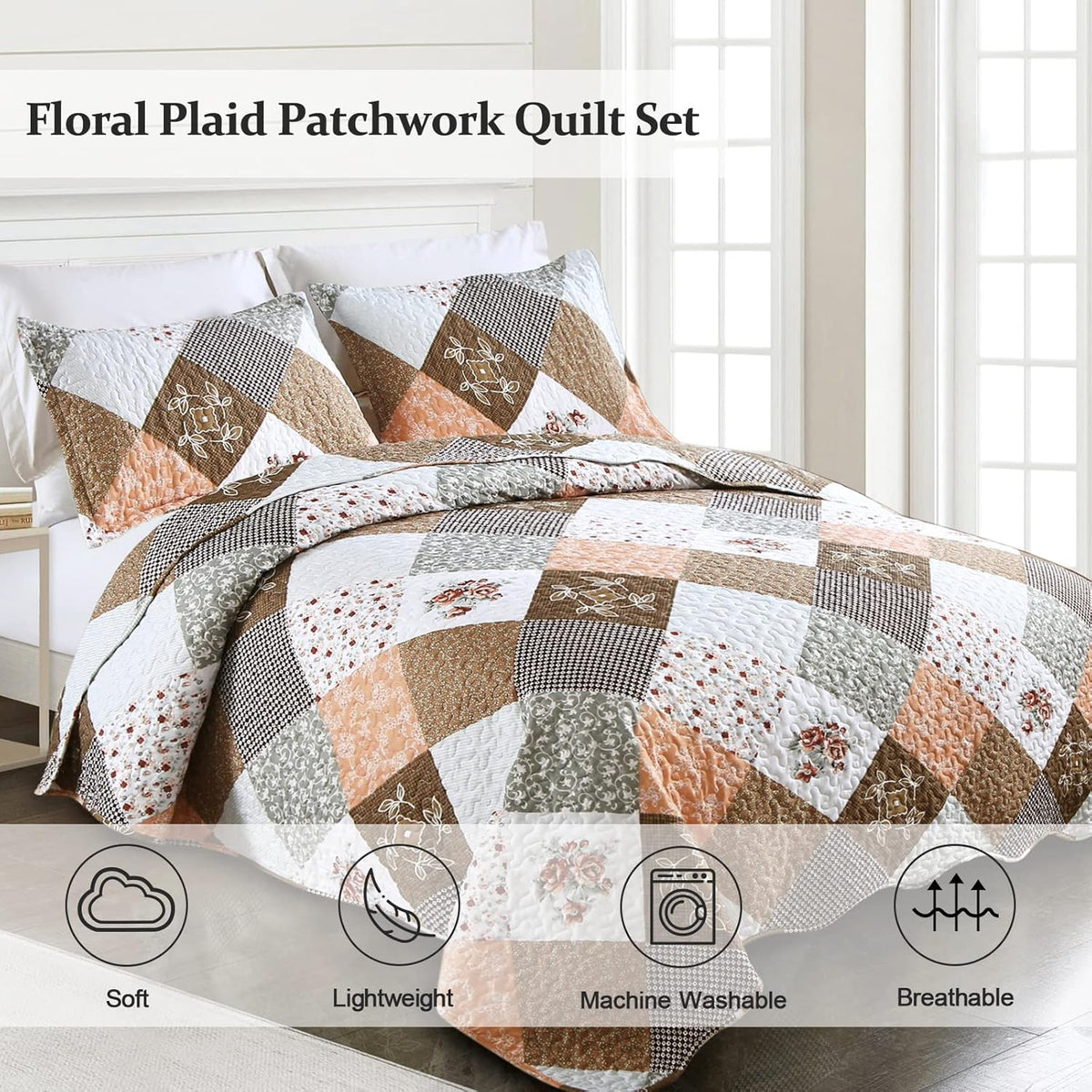 Queen Quilted Bedspread Set 3-Piece Rust Brown Patchwork Coverlet & Pillowcases