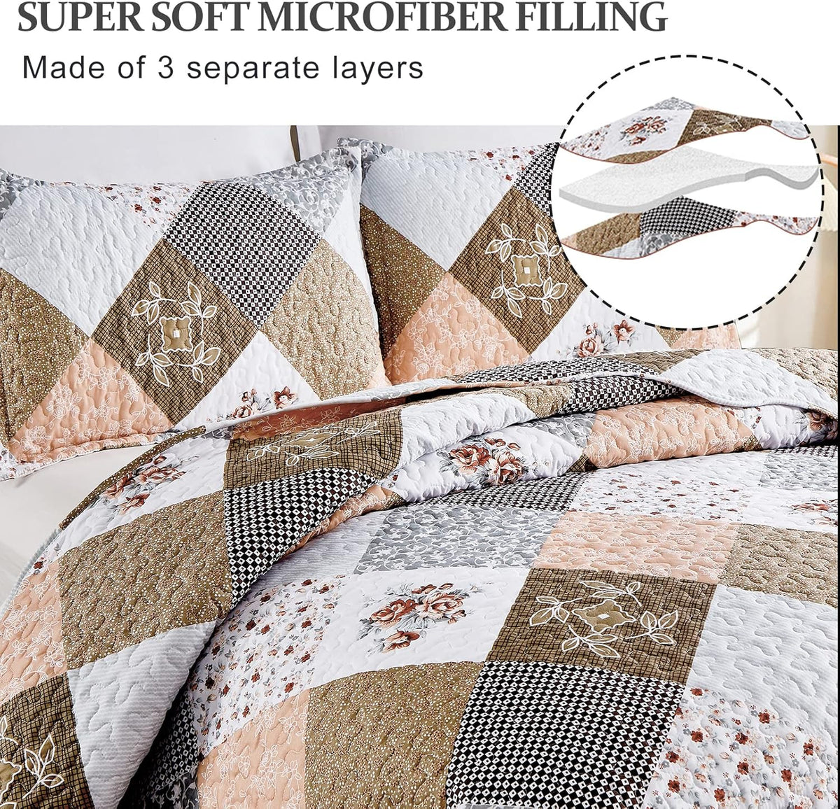 Queen Quilted Bedspread Set 3-Piece Rust Brown Patchwork Coverlet & Pillowcases