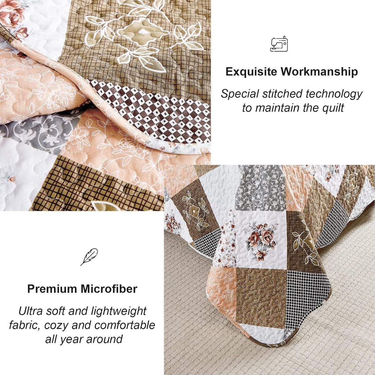 Queen Quilted Bedspread Set 3-Piece Rust Brown Patchwork Coverlet & Pillowcases