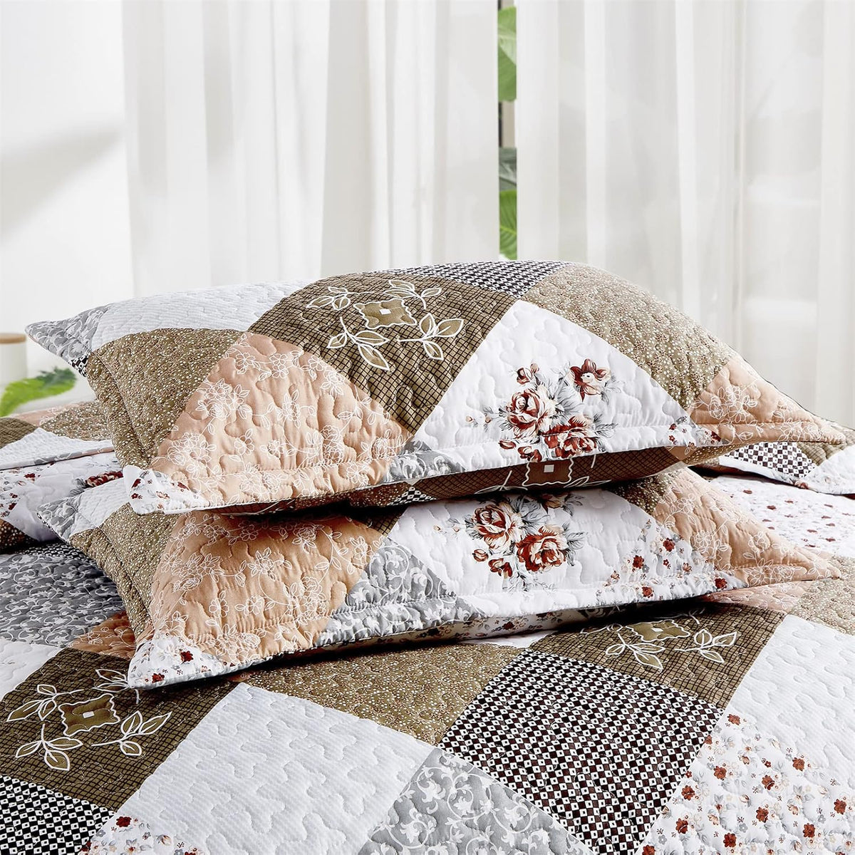 Queen Quilted Bedspread Set 3-Piece Rust Brown Patchwork Coverlet & Pillowcases