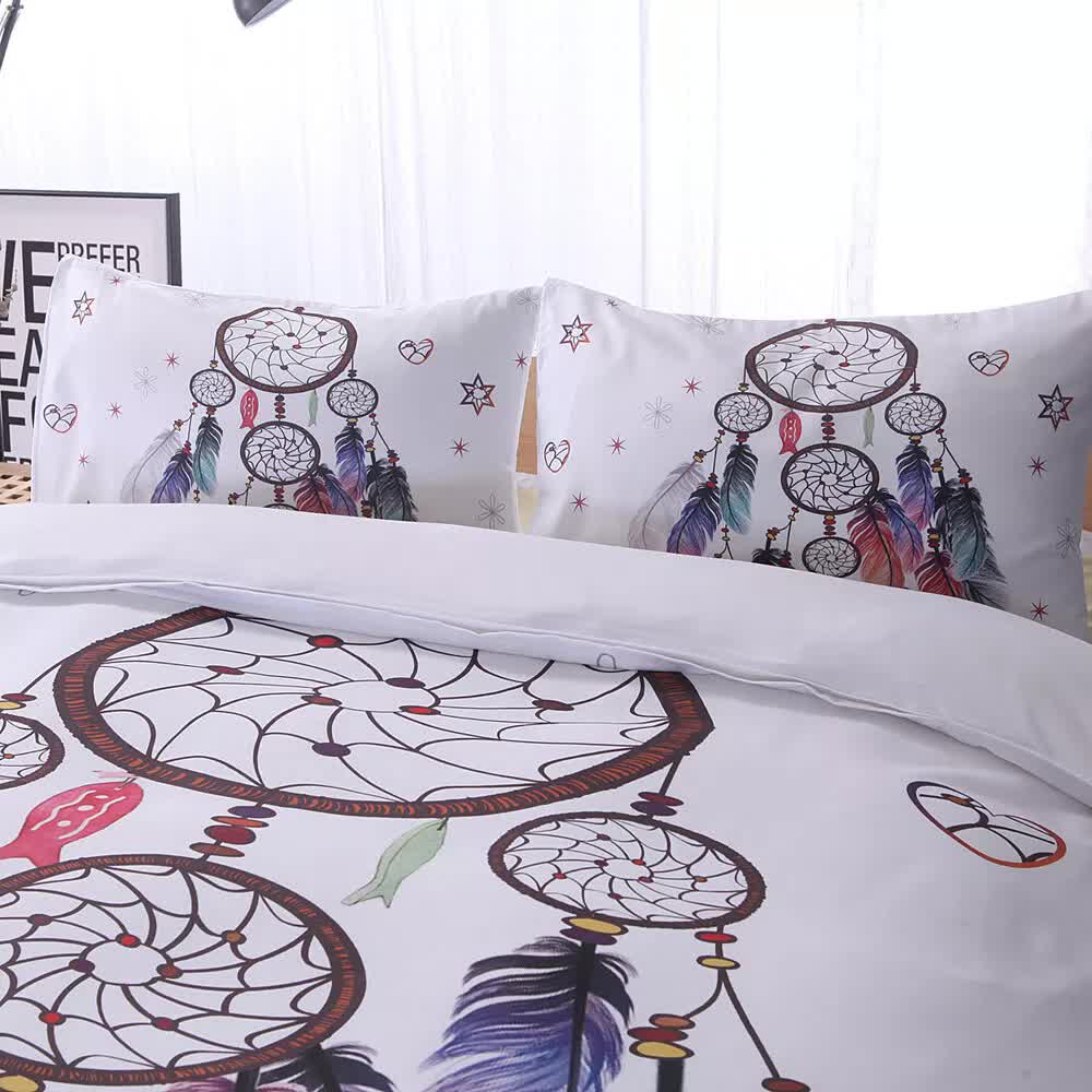 Queen Duvet Cover Set White Dream Catcher Print Quilt Cover with Pillowcases