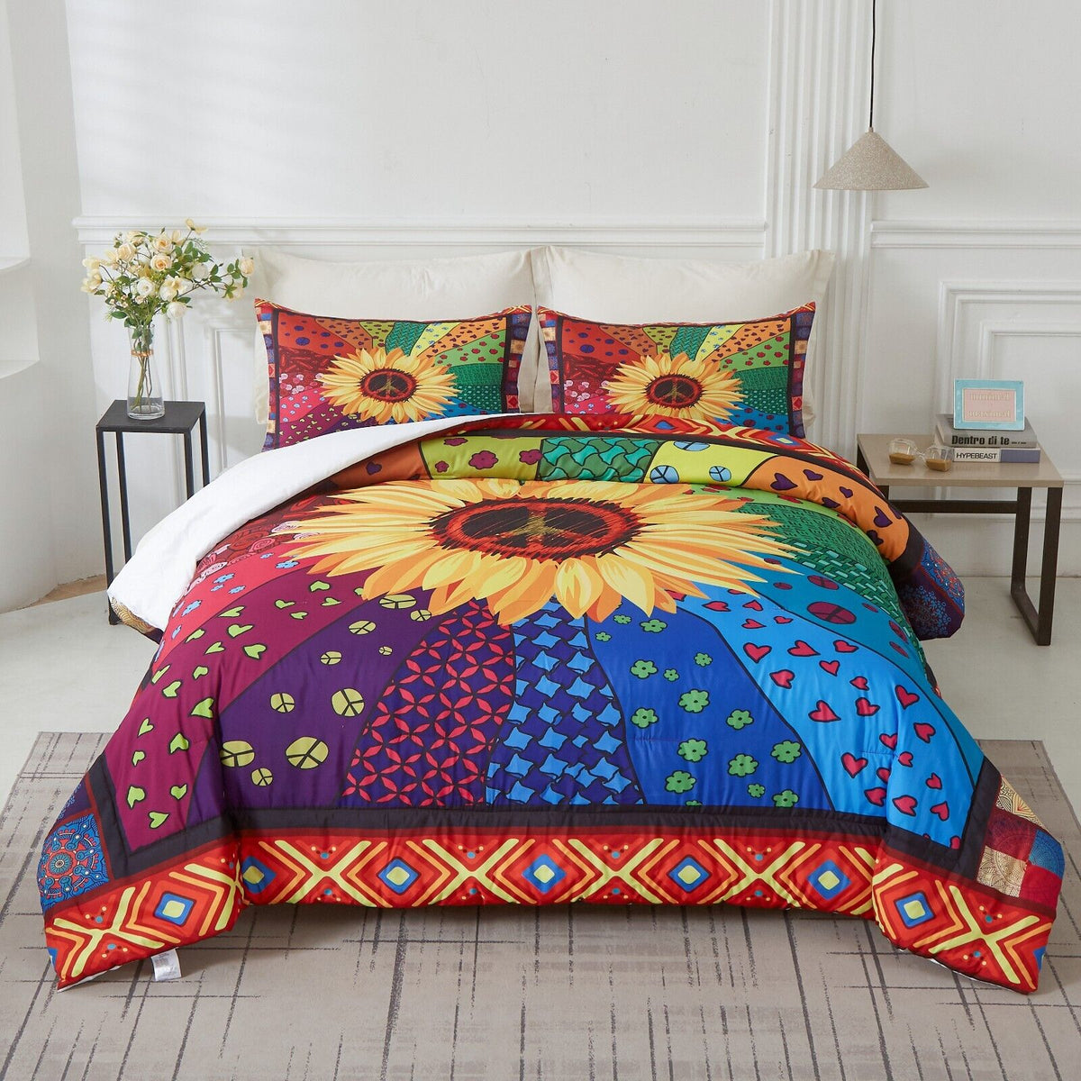 King Size Comforter Set 3-Piece Sunflower Floral Quilted Bedding & Pillowcases